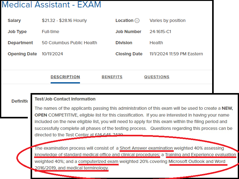 Medical Assistant EXAM job posting. Shows the Test Section with exam info circled and underlined description of exam subtests. Shows where on a job posting to look for the exam information and each job has different types of exams and subtests