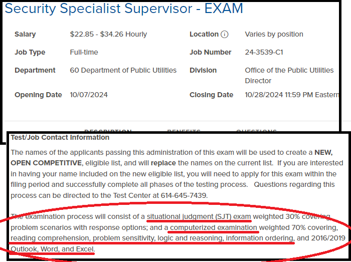 Security Supervisor EXAM job posting. Shows the Test Section with exam info circled and underlined description of exam subtests. Shows where on a job posting to look for the exam information and each job has different types of exams and subtests