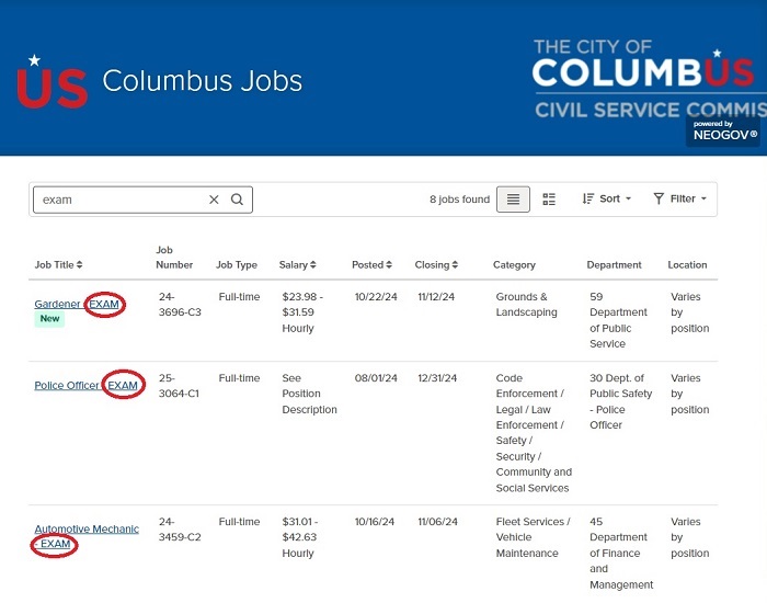 Samples of the City of Columbus listing of jobs. Shows three job titles and descriptions with the word 