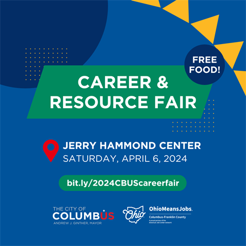 A flyer for a bustling career and resource fair with training workshops and free food