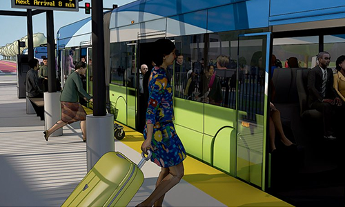 LinkUS rendering showing pedestrians boarding an improved public transportation system
