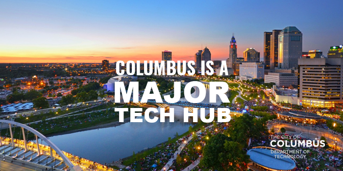 Columbus Skyline with text of Columbus as a major tech hub